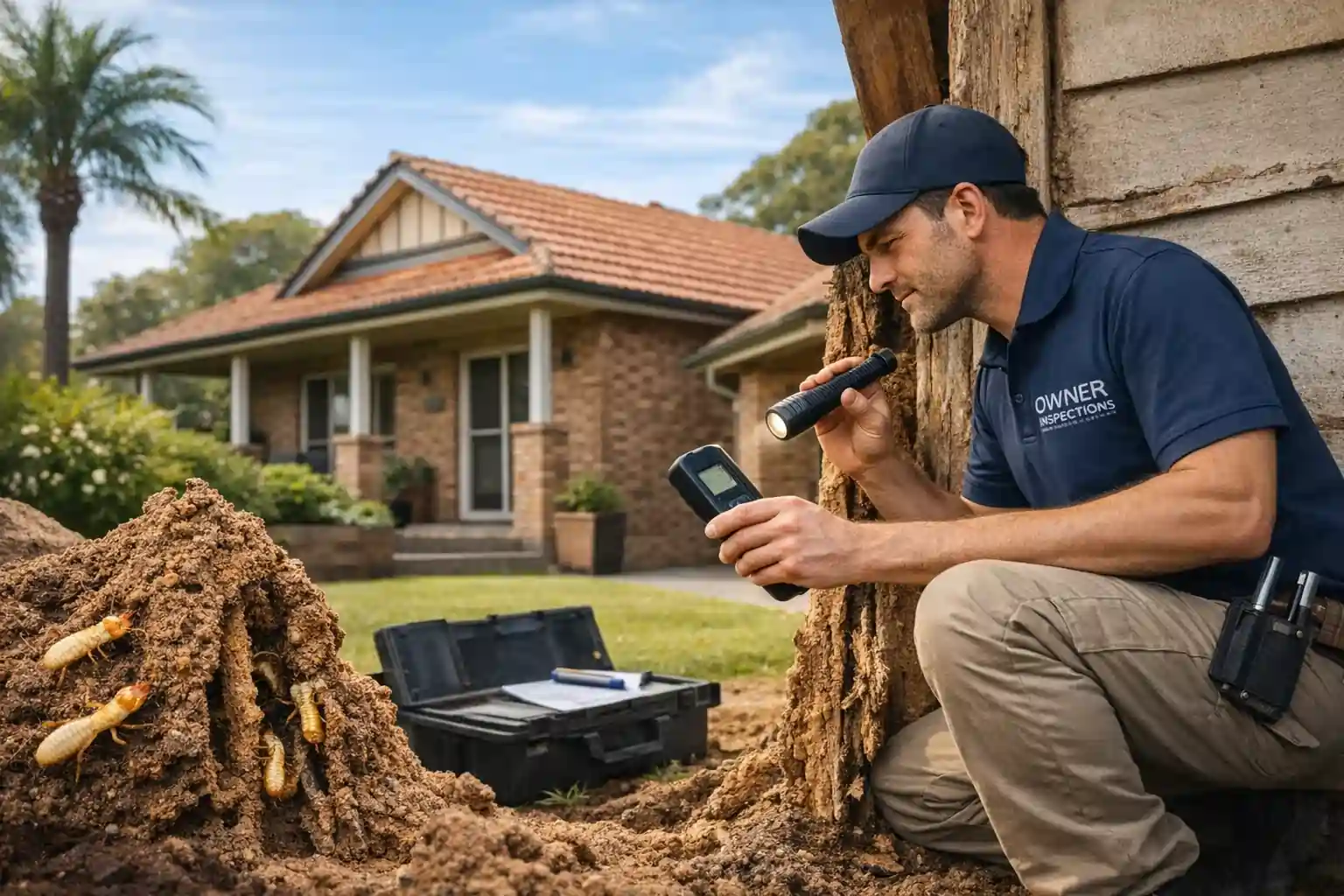 Professional termite inspector examining timber for termite damage in Australian home
